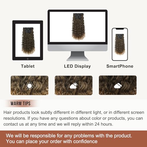 Flufymooz Clip in Hair Extensions, 4PC 100％ Pure Protein Silk Hair Extensions Long Soft Natural Hairpiece 20 Inch Curly Hair Extension for Women (Brown to Dirty Blonde)