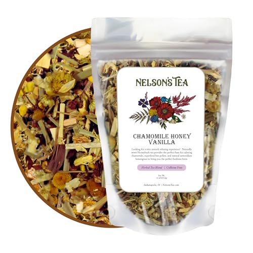Nelson's Tea Chamomile Honey Vanilla - Herbal Loose Leaf Tea, Curated Blend with Honeybush, Chamomile, Lemongrass, Licorice Root, Toasted Coconut, and Bee Pollen - Perfect for Bedtime Brew (16 oz)