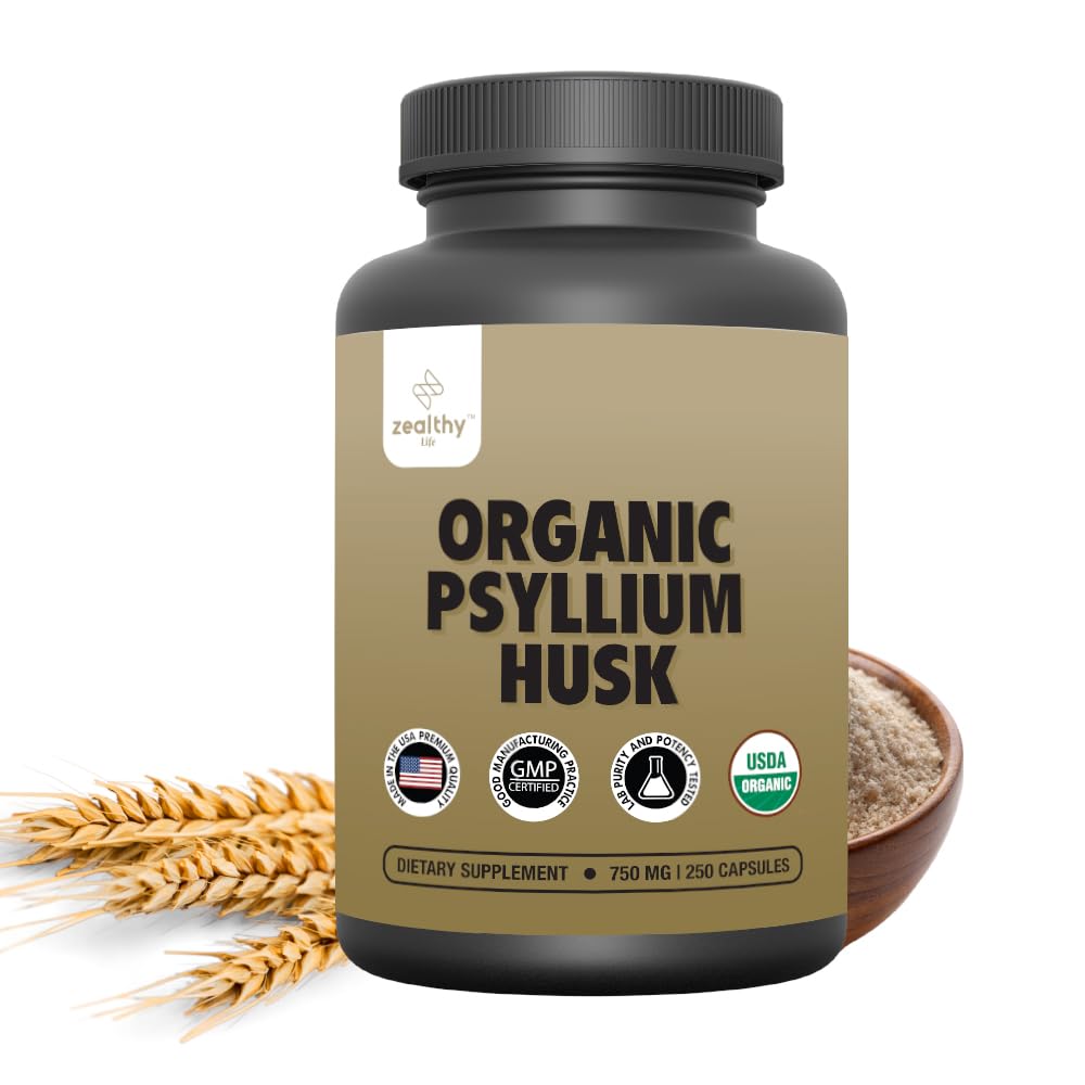 Organic Psyllium Husk Capsules 750 mg, Natural Fiber Supplement for Gut Health* - Alternative to Psyllium Husk Powder, Zealthy Life, 250 Capsules