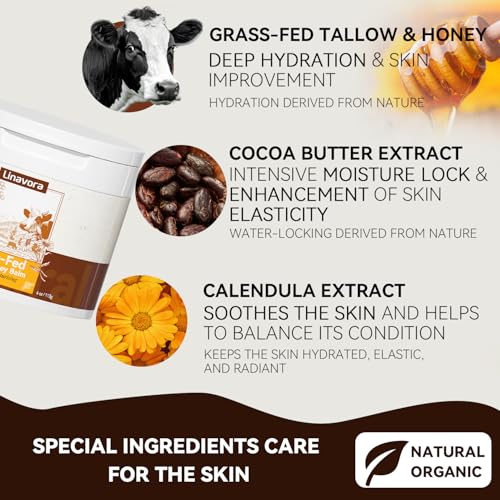 Tallow and Honey Balm – Natural Moisturizer with Grass-Fed Beef Tallow for Skin, Honey, Vitamin E – Unscented, 4oz – Ideal for Face & Body Care