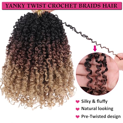 Unionbeauty Pre-twisted Yanky Twist Crochet Hair 8Inch 8 Bundles Pre-looped Passion Twist Crcochet Braids Hair with Bouncy Ombre Brown to Blonde Micro Twist Synthetic Braiding Hair Extensions 1B3027#
