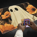 Playmats for Magic: The Gathering MTG Card Game Mat Plus 50 Pcs Card Sleeves, 24 x 14 inch TCG Mat with Stitched Edge for Commander Deck Duskmourn Board Game, White Ghost