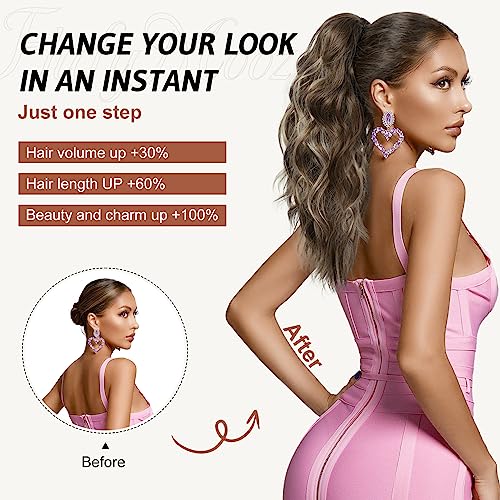 Flufymooz Ponytail Extension, 18 Inch Claw Clip Ponytail Extension, Wavy Curly Claw Clip in Ponytail Hair Extensions, Fake Ponytail Synthetic Hairpiece for Women (Honey Blonde with Blonde Highlights)