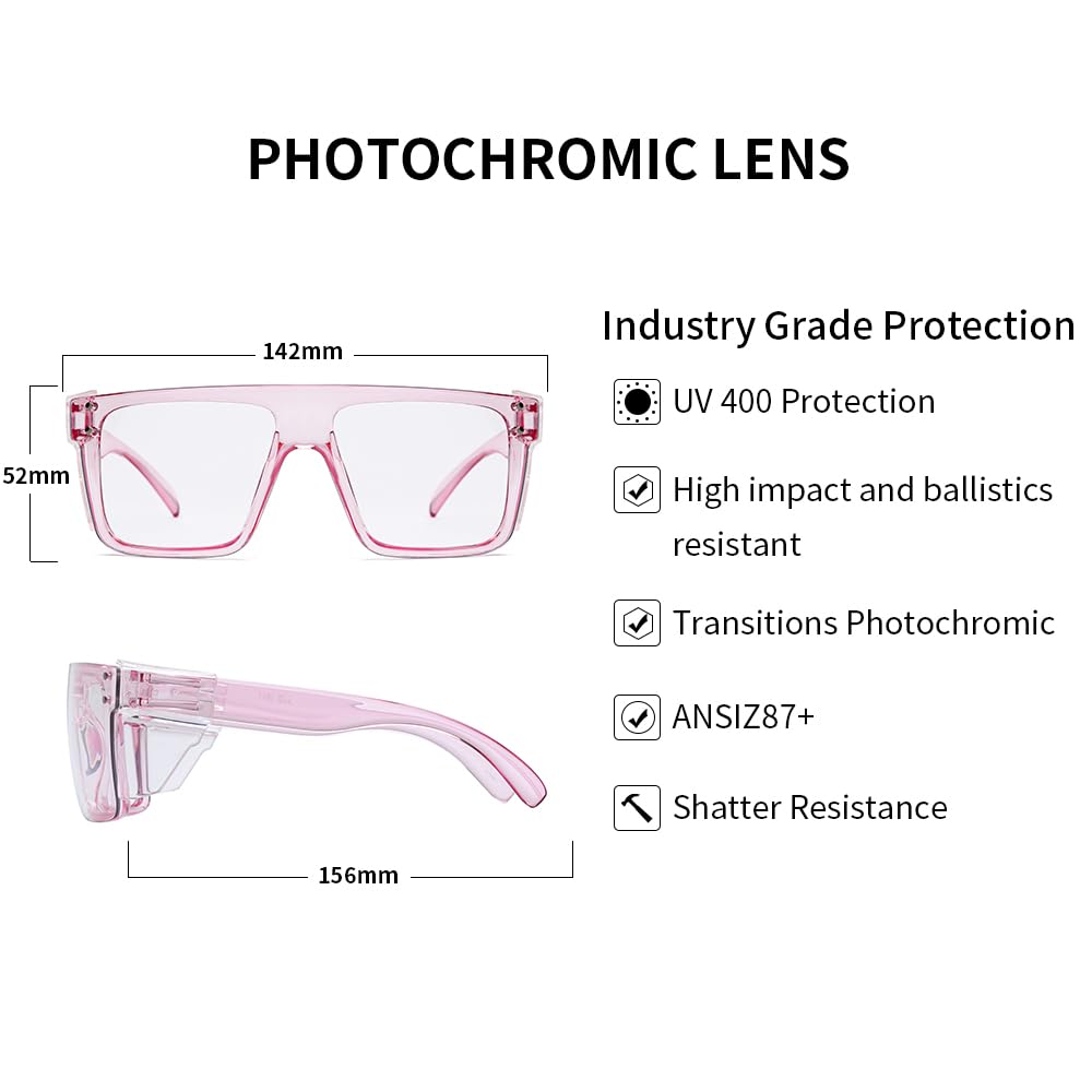 BINGKING ANSI Z87 UV400 Transition Photochromic Pink Safety Glases sunglasses for women (Clear pink (clear shield))