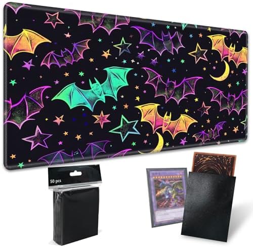 Playmats for Magic: The Gathering MTG Card Game Mat Plus 50 Pcs Card Sleeves, 24 x 14 inch TCG Mat with Stitched Edge for Commander Deck Duskmourn Board Game, Rainbow Bats