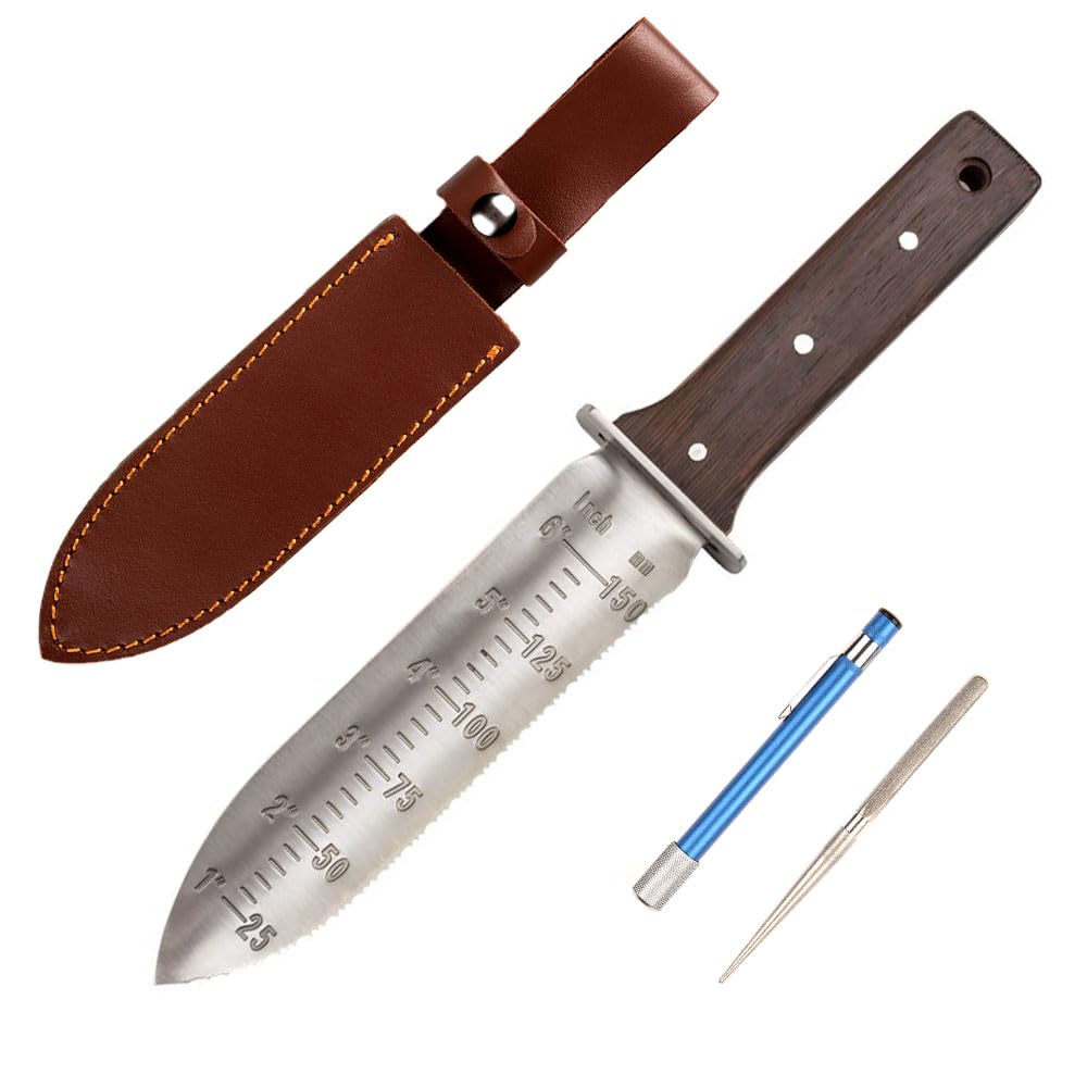CIELCERA 12" Hori Hori Garden Knife with FREE Diamond Sharpening Rod, Stainless Steel Blade with Protective Handguard and Full Tang Handle, Comes with Thick Sheath and Gift Box