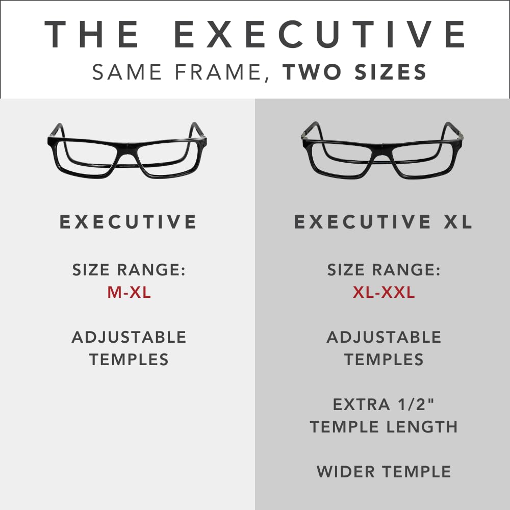 Clic Magnetic Reading Glasses for Men or Women, Computer Readers, Executive XL (XL-XXL, Black, 1.25 Magnification)