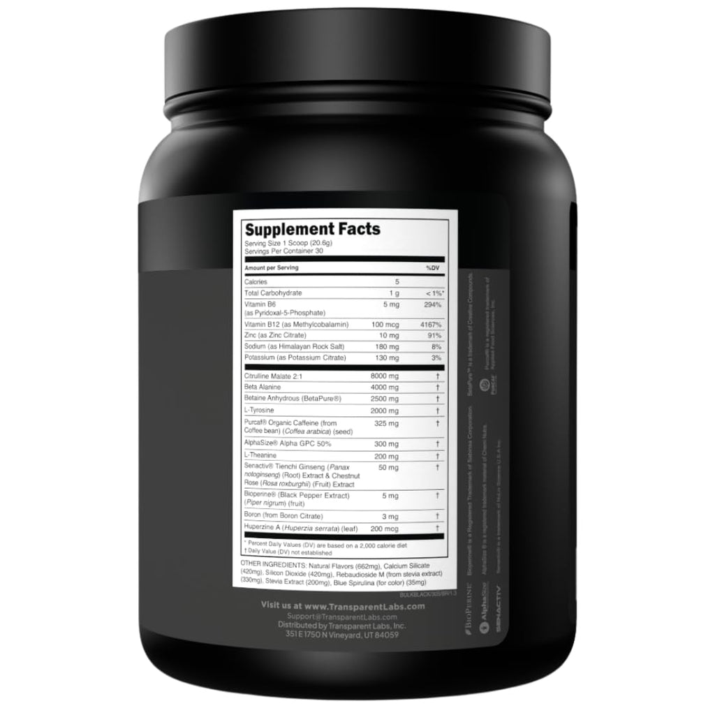 Transparent Labs Bulk Black Pre Workout - Clinically Dosed, Naturally Sweetened Preworkout for Men and Women with Beta Alanine Powder, Citrulline Malate, & Caffeine- 30 Servings, Blue Raspberry