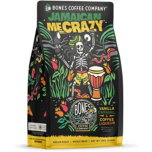 Bones Coffee Company Jamaican Me Crazy Flavored Beans, Whole Bean Coffee Medium Roast Low Acid, Vanilla Caramel and Coffee Liqueur Flavor (12 oz)