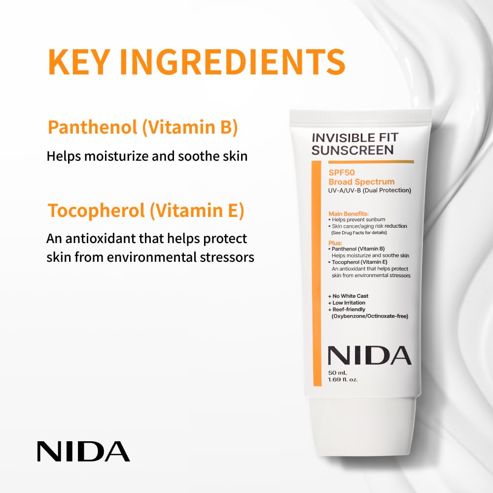 NIDA Invisible Fit Sunscreen | SPF 50 Broad Spectrum UV-A/UV-B Dual Protection | No White Cast, Low Irritation, Hydrating Lotion-like Lightweight Glow Sunscreen for All Skin Types | 1.69 fl. oz., 50ml