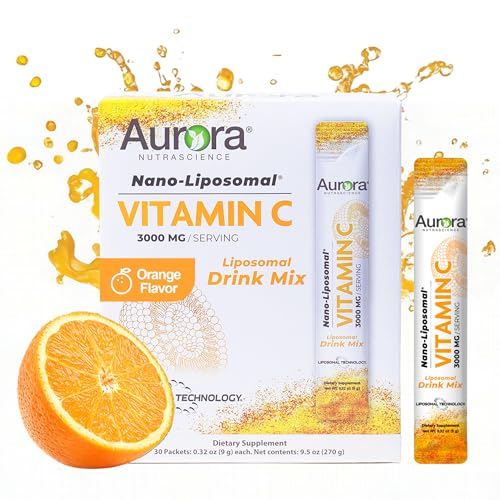 Vida Lifescience Aurora Nutrascience Nano-Pack Liposomal Vitamin C Powder Drink Mix, Immune Support, High Strength 3,000 mg Per Serving, 30 Single Serve Packets, Orange