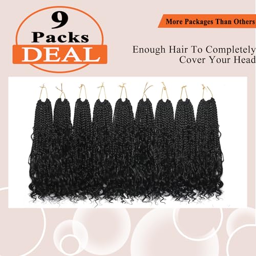 Flagship Goddess Box Braids Crochet Hair Pre looped,12 Inch 9 Packs Goddess Crochet Braids for Black Women Boho Crochet Box Braids with Curly Ends,Bohomian Pre looped Box Braids Crochet Hair-1B