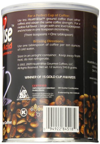 HealthWise Low Acid Ground Coffee | Colombian Arabica | Healthier Coffee for Sensitive Stomachs - Acid Reflux, Heartburn, Gastro Issues | 12 oz - 340 gm (1)