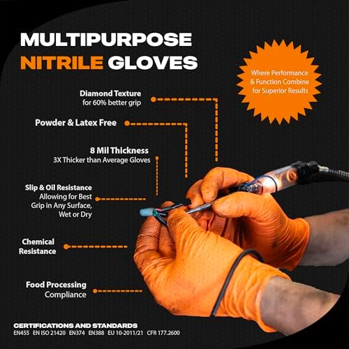 Herkules Grip Heavy Duty 8Mil Orange Nitrile Gloves,3D Raised Diamond Texture-Latex & Powder Free-Industrial, Mechanic