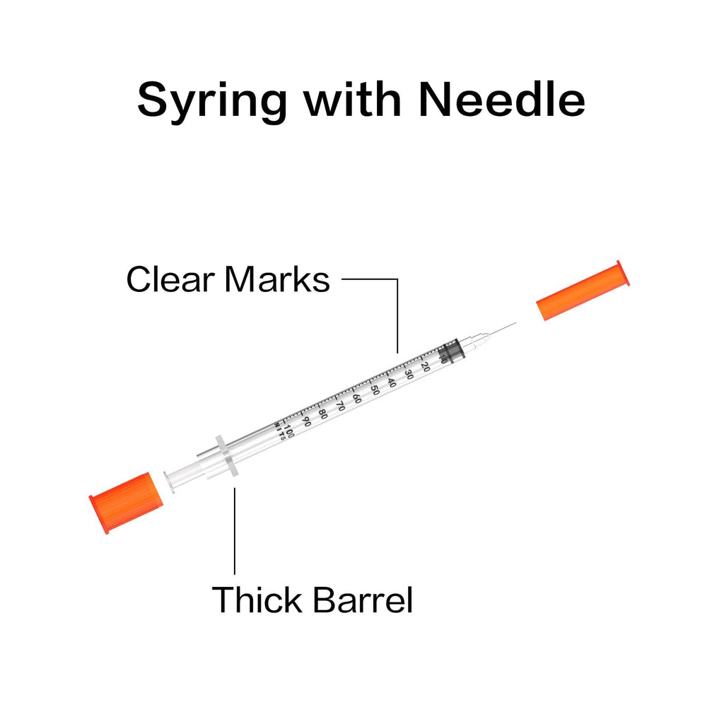 U-100 Syringes with Needle 1ml/cc 29G 1/2'' Disposable Syringe, Individual Wrapped, 100 PACK