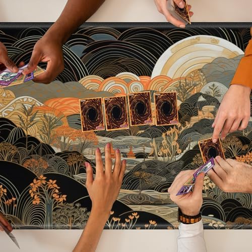 TCG Playmat Board Game Mat Plus 50 Pcs Card Sleeves, 24 x 14 Table Mats Game Mousepad with Soft Surface Non-Slip Base for MTG RPG CCG Trading Card Game Playmats, Japanese Abstract Art