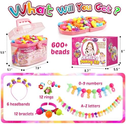 FUNZBO 650pcs Pop Beads - Jewelry Making Kit for 3 4 5 6 7 8 Year Old Little Girls, Arts and Crafts Toys for Kids, Necklace Bracelet Creativity Snap Set Top Best Christmas Birthday Gifts