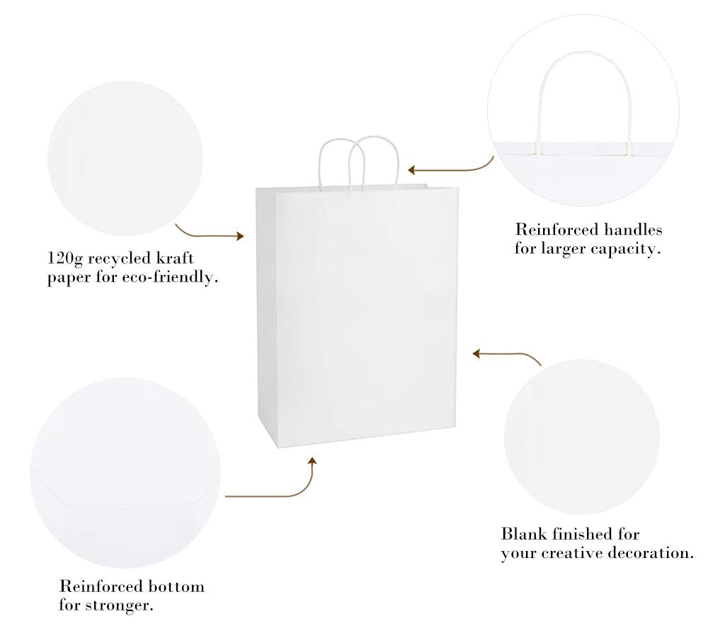 BagDream Large Paper Bags with Handles 13x7x17 Inch White 50 Pack Bulk