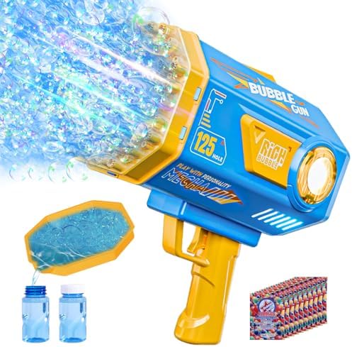 Bubble Gun, 125 Holes Bubble Machine with Lights, Bubble Guns for Kids Ages 4-8 Year Old, Big Bubble Gun Blaster for Wedding, Summer Outdoor Toy Birthday Bubble Maker Party Favors (Blue)