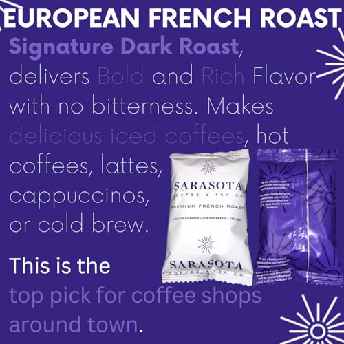 Sarasota Coffee Ground Packets | Low Acid Dark Roast Ground Coffee Packs | European French Roast | Mold Free Coffee Singles Packets | Ground Coffee Pouches | Individual Coffee Packets for 12 Cup Coffee Maker | 1.75 Ounce Bags, 100 Count