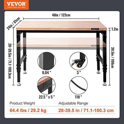 VEVOR Adjustable Workbench, 48" L X 24" W Garage Worktable with Universal Wheels, 28-39.5" Heights & 2000 LBS Load Capacity, with Power Outlets & Hardwood Top & Storage & Foot Pads, for Office Home