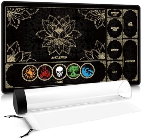 MTG Playmat with Play Zones – Magic Play mat Card Game Mat for Magic The Gathering, Lotus & Basic Lands Design, 24x14 inch, Stitched Edge, Non-Slip Base with Prismatic Playmat Tube-Colorful Lands