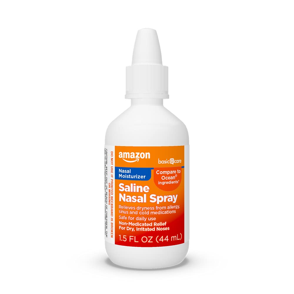 Amazon Basic Care Premium Saline Nasal Moisturizing Spray for Allergy Relief, Non-Medicated Relief for Dry Nose, 1.5 fl oz (1-Pack), Clear