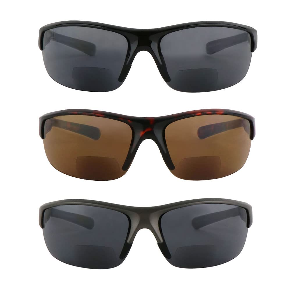 Hyyiyun 3 Pairs Bifocal Wrap Around Sunglasses for Men and Women, Sun Reader UV Protection with 3 Microfiber Pouch