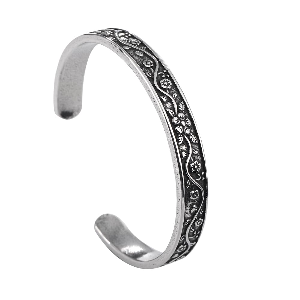 YWMAN Vintage Floral Cuff Bracelet, Stainless Steel Flower Bangle Bracelets for Women