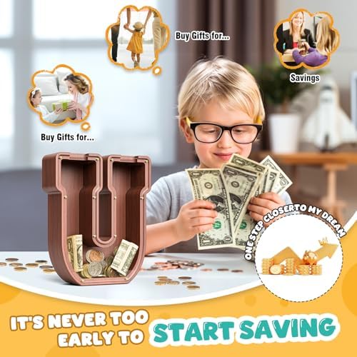 Summidate Wooden Letter Piggy Bank, Extra Thick Large Capacity Piggy Bank for Kids Boys Girls Toddler, Alphabet U Money Bank| Coin Box Birthday, Christmas, Festival