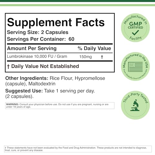 Lumbrokinase Enzymes Supplement - 120 Capsules (Max Activity 10,000 FU/Gram) 150mg per Serving (No Fillers, Non-GMO, Gluten Free) for Cardiovascular and Blood Circulation Support by Double Wood