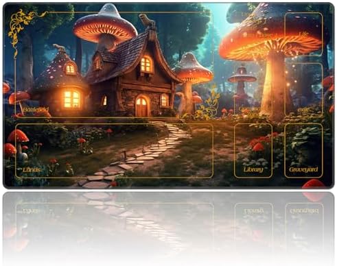 for MTG Playmat with Zones 24 x 14 inches for TCG Playmats Non-Slip Rubber Base Commander Play Mat for Magic The Gathering Playmat Iorcana Trading Card Game, A Magical Mushroom Village