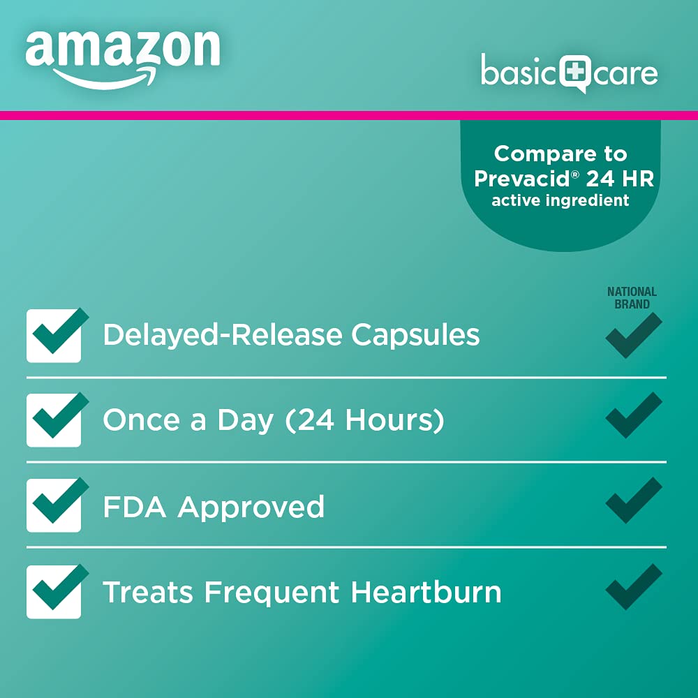 Amazon Basic Care Lansoprazole Delayed Release Capsules, 15 mg, Treats Frequent Heartburn, 14 Count (Pack of 2)