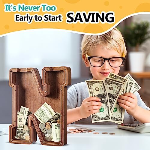 Summidate Customized Name Extra Large Wooden Piggy Bank for Kids Boys Girls Alphabets Letter A-Z Coins Bills Money Change Saving Box Clear Cover (Laser Engraved) Educational Toys 12"- Letter M