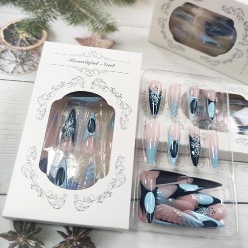 3D Flower Press on Nails 3D Curve Line False Nails French Tips Gel Glue on Long Stiletto Nails Glossy Blue French Tips Acrylic Fake Nails Pearls Stick on Nails for Coquette Women 24 Pcs