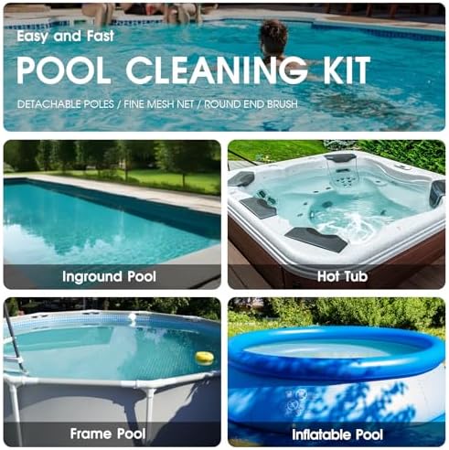 Handheld Rechargable Portable Pool Vacumm, Cordless Spa Cleaner -1h Run Time,High Capacity, Strong Suction,Angle Vac Head, Aluminum Pole,3 Fine Mesh Filter for Hot Tub, Above Ground & Inground Pool
