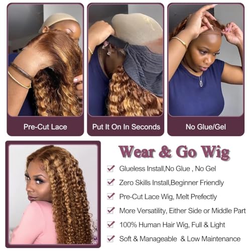 QNQZ Wear and Go Glueless Wigs Human Hair Pre Plucked Pre Cut Ombre Highlight Curly Wig Human Hair for Women 180% Density 13x4 HD Lace Front Wigs Human Hair 3S Ready to Wear for Beginners 16 Inch