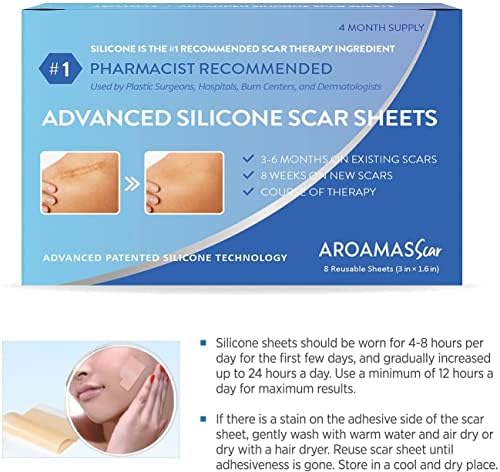 Aroamas Scar Silicone Scar Tape– Softens & Flattens Scars from Surgery, Injury, Burns, C-Section, Scratch Marks – Reusable Medical-Grade Silicone Scar Sheets for All Skin Types [3"x1.57", 8 Sheets]