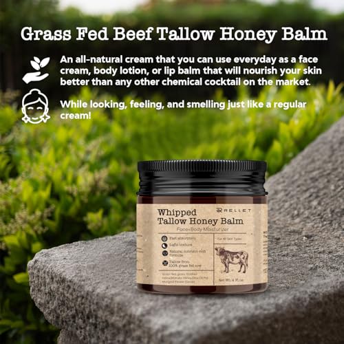 Beef Tallow and Honey Balm for Skin: Grass Fed Whipped Beef Tallow With Honey Face Body Moisturizer 4oz - Organic Unscented Fast Absorption Tallow Cream Infused with Manuka Honey Beeswax Olive Oil