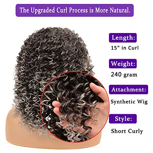 YEAME Curly Wigs for White Women - Kinky Curly Afro Wig with Bangs Ombre Gray Color Synthetic Mixed Wigs with 1 Wig Comb and 4pcs Wig Caps