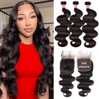 12A Human Hair Bundles 3 Bundles With Closure Body Wave Bundles Human Hair 100% Unprocessed Brazilian Virgin Hair Bundles Human Hair Extensions Quick Weave Bundles Human Hair Natural Black 24 26 28+22