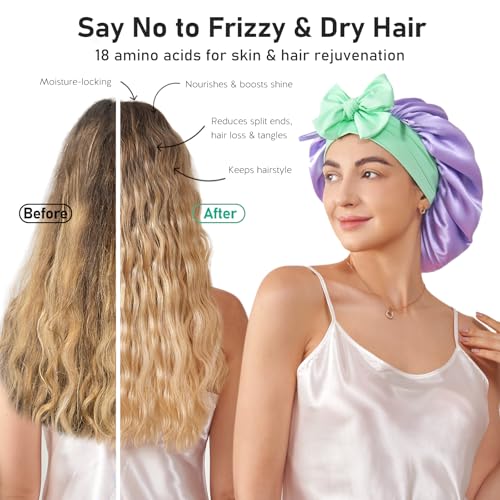 LitBear 100% Mulberry Silk Bonnet for Sleeping Women, 6A 22 Momme, Large Double-Layer Hair Wrap with Tie Band, Non-Slip Turban (Purple)