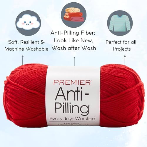 Premier Yarns Everyday Anti-Pilling Solid Really Red DN100-7 (3-Skeins - Same Dye Lot) #4 Worsted Weight Acrylic Yarn for Crocheting and Knitting with Project Bag