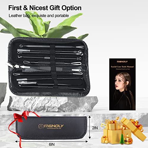MENOLY Pimple Popper Tool Kit 10 Pcs Blackhead Remover Tool Zit Popper for Blemish, Pimple Comedone Extractor Acne Tool for Blackheads, Acnes, Whiteheads Nose Face Tools with Leather Bag