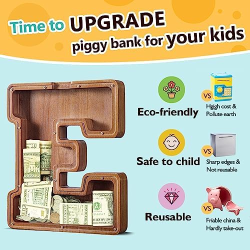 Summidate Large Wooden Piggy Bank for Kids Adults, Alphabets Letter A-Z Piggy Bank for Boys Girls, Coins Bills Change Bank Box Personalized Initial Name Kids Money Bank for Birthday Present and Decor