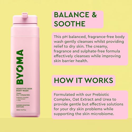 BYOMA Sensitive Body Wash - For Delicate, Irritated Skin - Creamy, Fragrance-Free Cleanser with Colloidal Oat & Urea - Soothes & Relieves Itching - Skin Barrier Support - 16.9 fl oz
