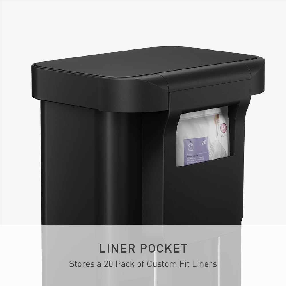 simplehuman Rectangular Step Can, 45L / 12 Gallon Kitchen Trash Can, Liner Rim System, Liner Pocket®, 150,000-Step Pedal, Lid Shox® Silent Close, Matte Black Steel