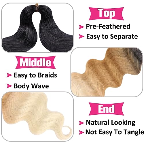 Unionbeauty 24 Inch Body Wave Braiding Hair 9 Packs Pre-Feathered Braiding Hair for Boho Box Braids Crochet Hair Ombre Brown Blonde Synthetic Crochet Braids Hair Extensions for Black Woman(1B/27/613#)
