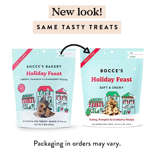 Bocce's Bakery Holiday Feast Recipe Treats for Dogs, Wheat-Free Everyday Dog Treats, Made with Real Ingredients, Baked in The USA, All-Natural Soft & Chewy Cookies, Turkey, Pumpkin & Cranberry, 6 oz