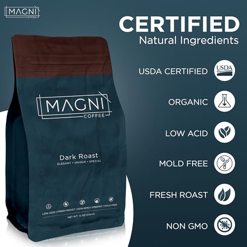 Magni Coffee - Ground - Dark Roast - Low Acid - Single Origin USDA Organic Non-GMO Beans Third Party Tested For Mycotoxins & Pesticides - Fair Trade -12 Oz